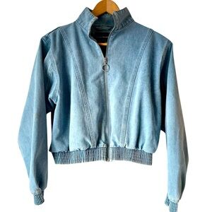 Haute Monde Denim Bomber Zip Up Jacket with Smocked Bottom